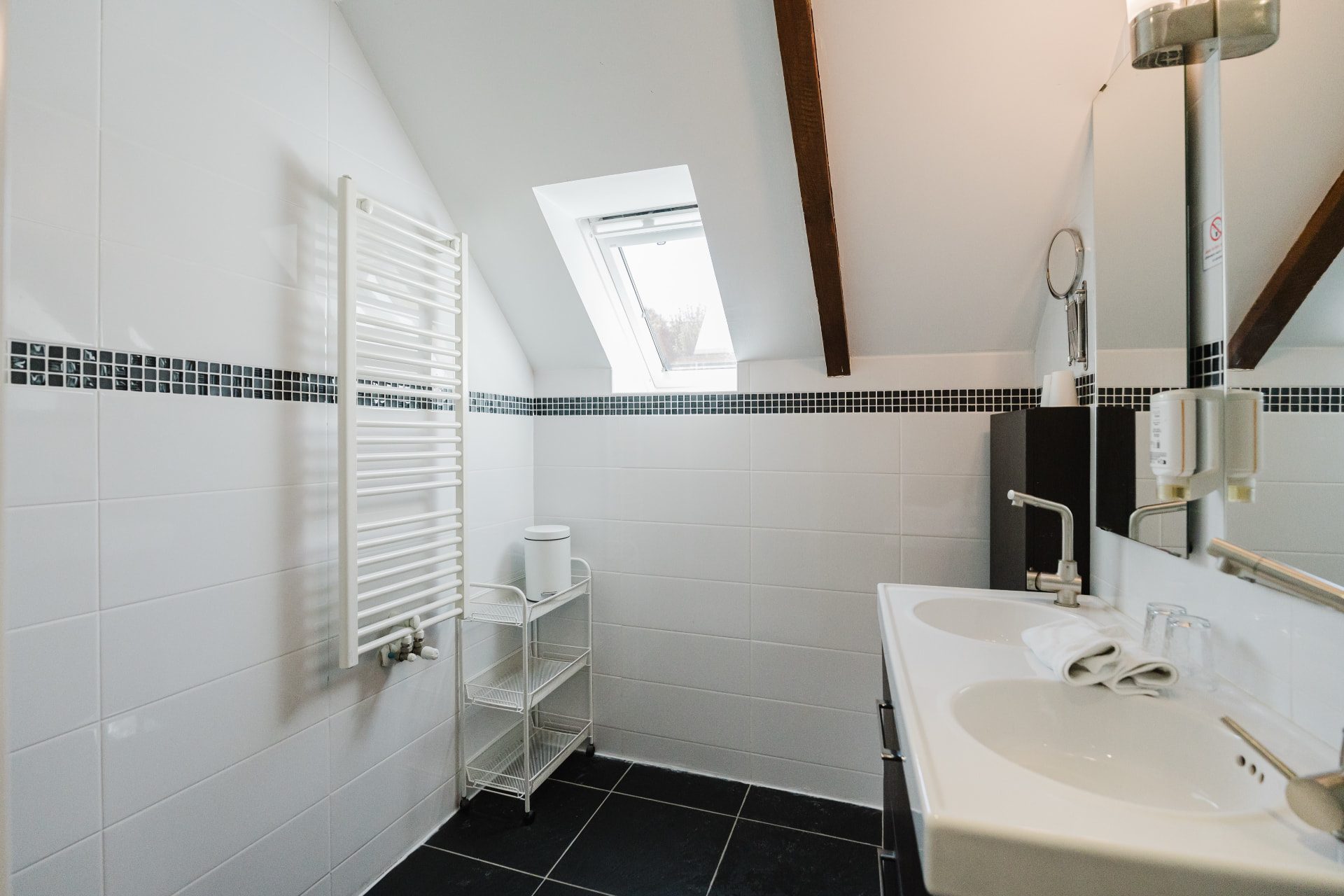 Salle de bains sous les combles avec velux et sèche-serviettes de la Chambre Confort